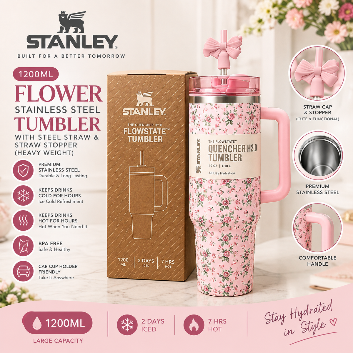 A Stanley 1200ml Flower Stainless Steel Tumbler by TradePro Solutions.
