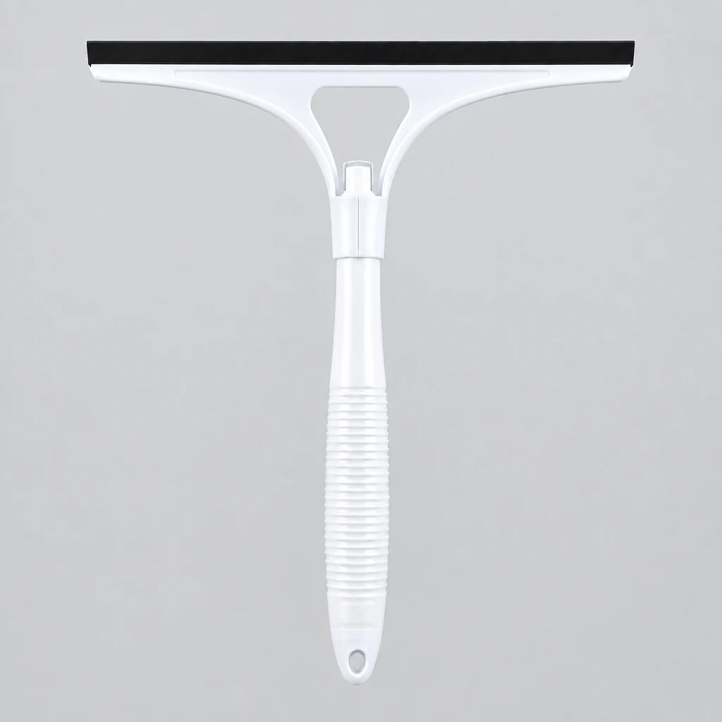 White 2-in-1 spray wiper and glass cleaner with built-in spray function, wide black rubber blade and ergonomic handle.