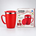 Red 400ml double-wall stainless steel coffee mug with lid, handle and ribbed design, displayed beside its Steelo packaging.