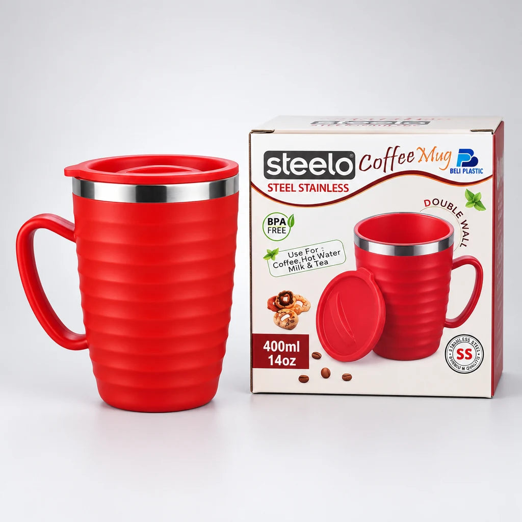 Red 400ml double-wall stainless steel coffee mug with lid, handle and ribbed design, displayed beside its Steelo packaging.