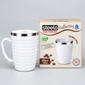 White 400ml double-wall stainless steel coffee mug with handle and ribbed design, displayed beside its Steelo packaging.