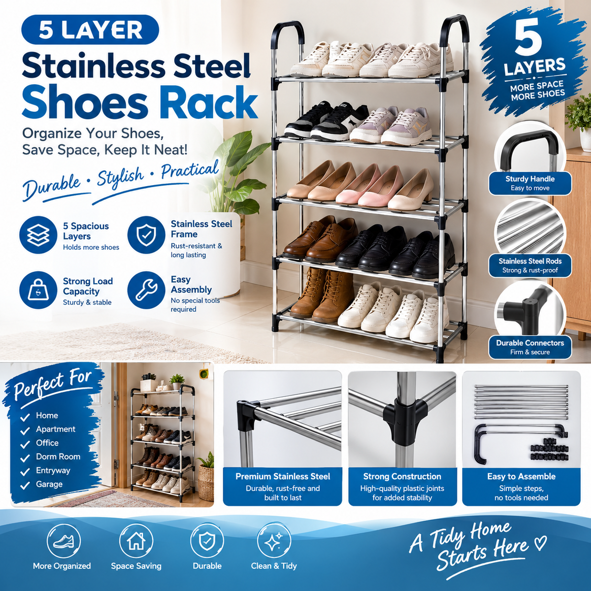 A 5-layer stainless steel shoe rack by TradePro Solutions.