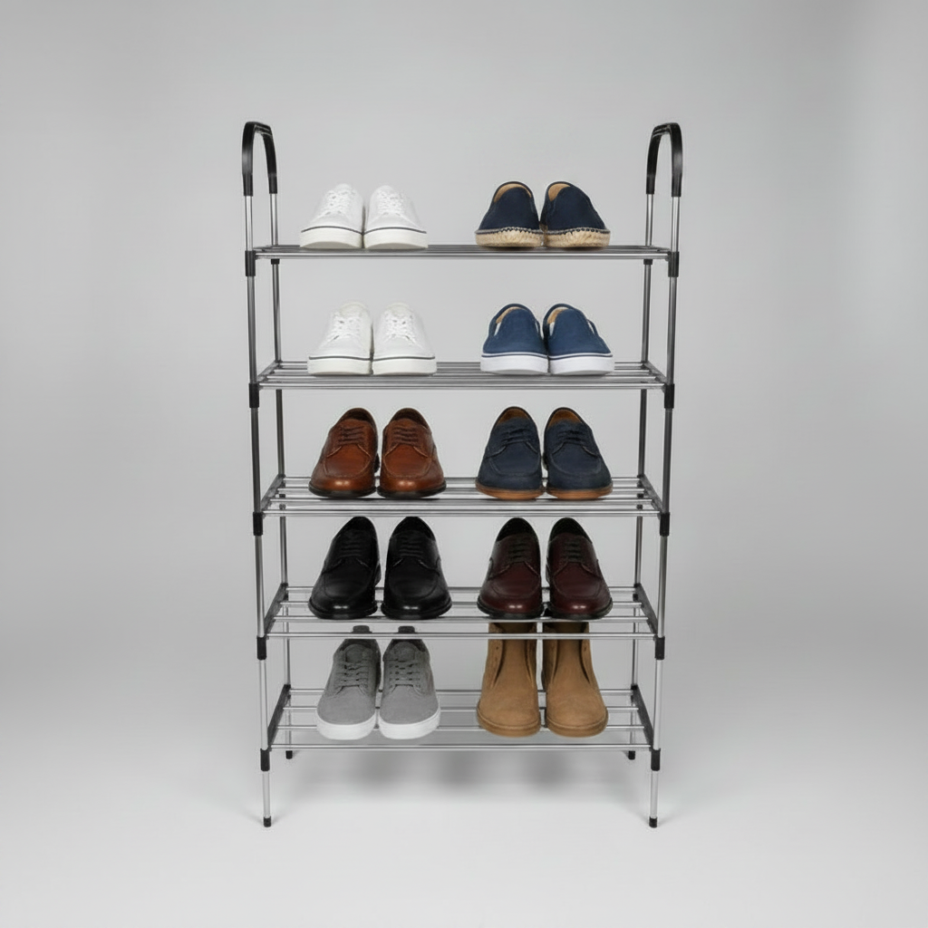 A 5-layer stainless steel shoe rack by TradePro Solutions.