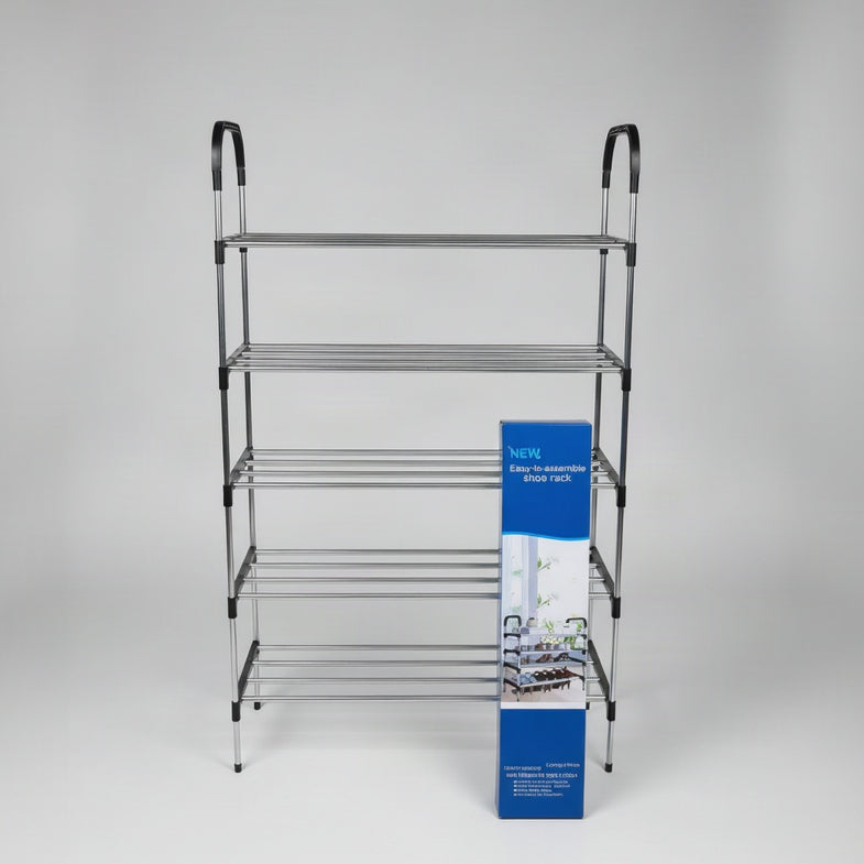 A 5-layer stainless steel shoe rack by TradePro Solutions.