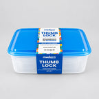 7-piece thumb lock airtight food container set with blue lids and packaging