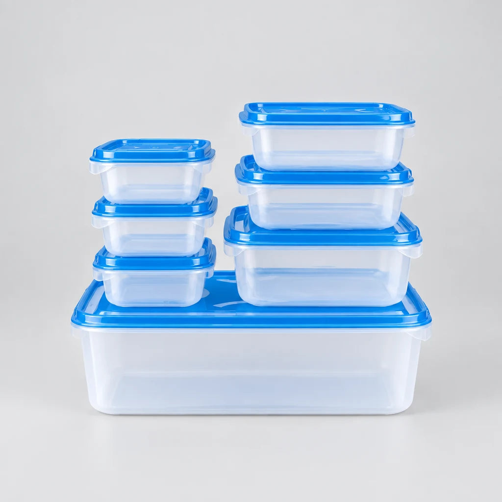 7-piece thumb lock airtight food container set with blue lids and packaging