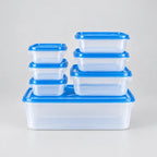 7-piece thumb lock airtight food container set with blue lids and packaging