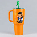 Orange 750ml Sip & Drink Tumbler with handle, green reusable straw and printed bear character design.