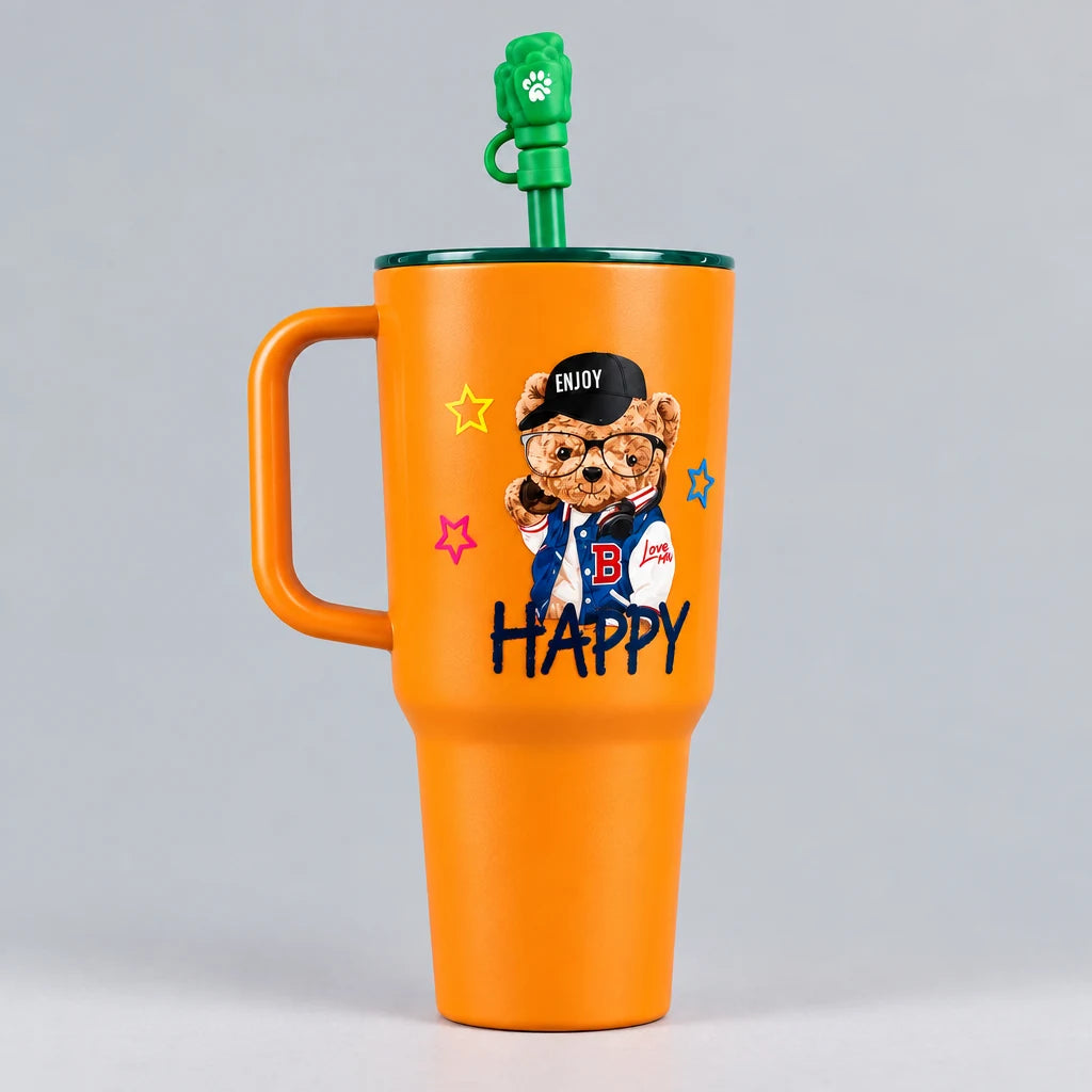 Orange 750ml Sip & Drink Tumbler with handle, green reusable straw and printed bear character design.