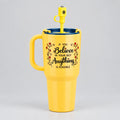 Yellow 750ml Sip & Drink Tumbler with handle, reusable straw and motivational “Believe in Yourself” printed design.