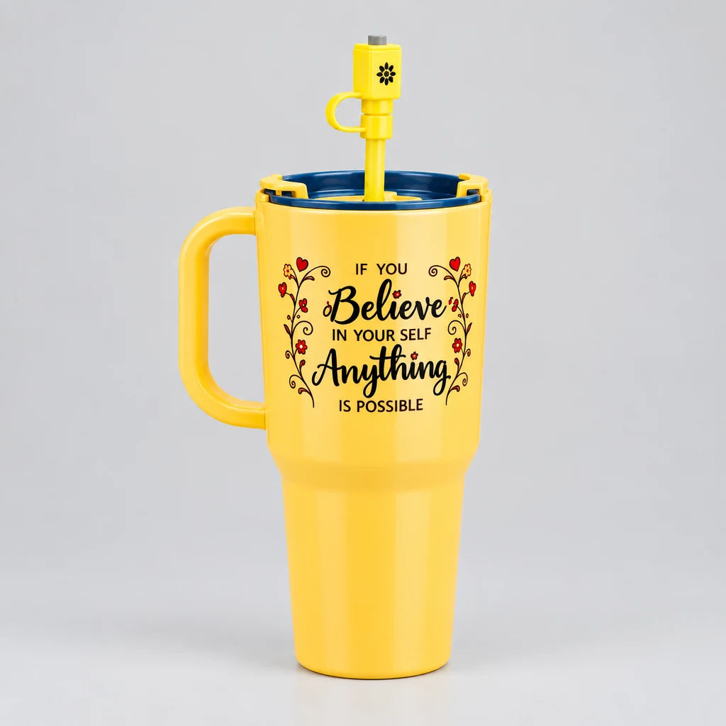 Yellow 750ml Sip & Drink Tumbler with handle, reusable straw and motivational “Believe in Yourself” printed design.