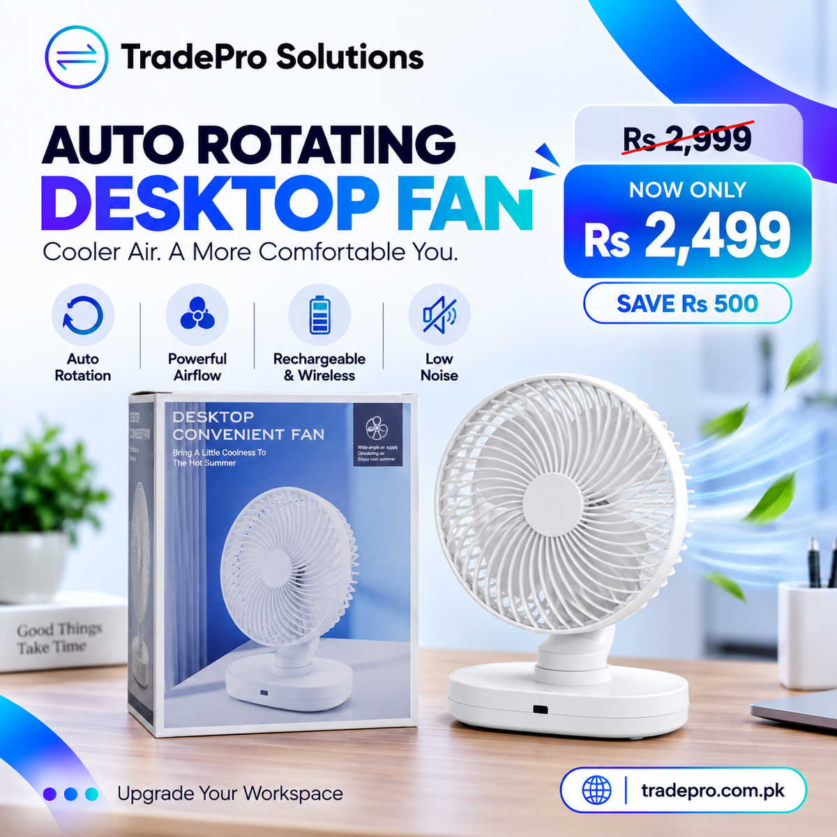 Rechargeable Auto Rotating Desktop Fan