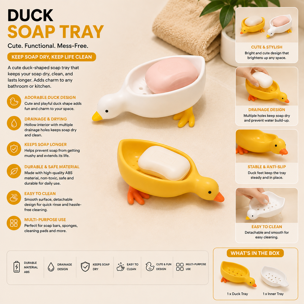 A duck-shaped soap tray with orange feet and a yellow body by TradePro Solutions.
