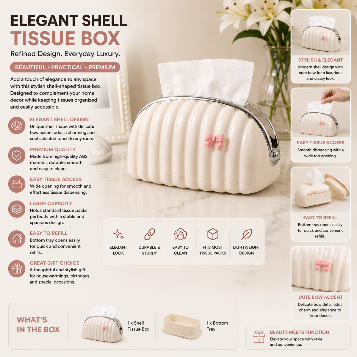 An elegant shell-shaped tissue box dispenser by TradePro Solutions.