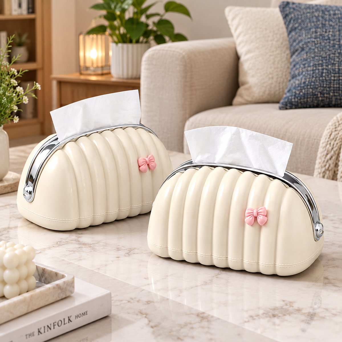 An elegant shell-shaped tissue box dispenser by TradePro Solutions.