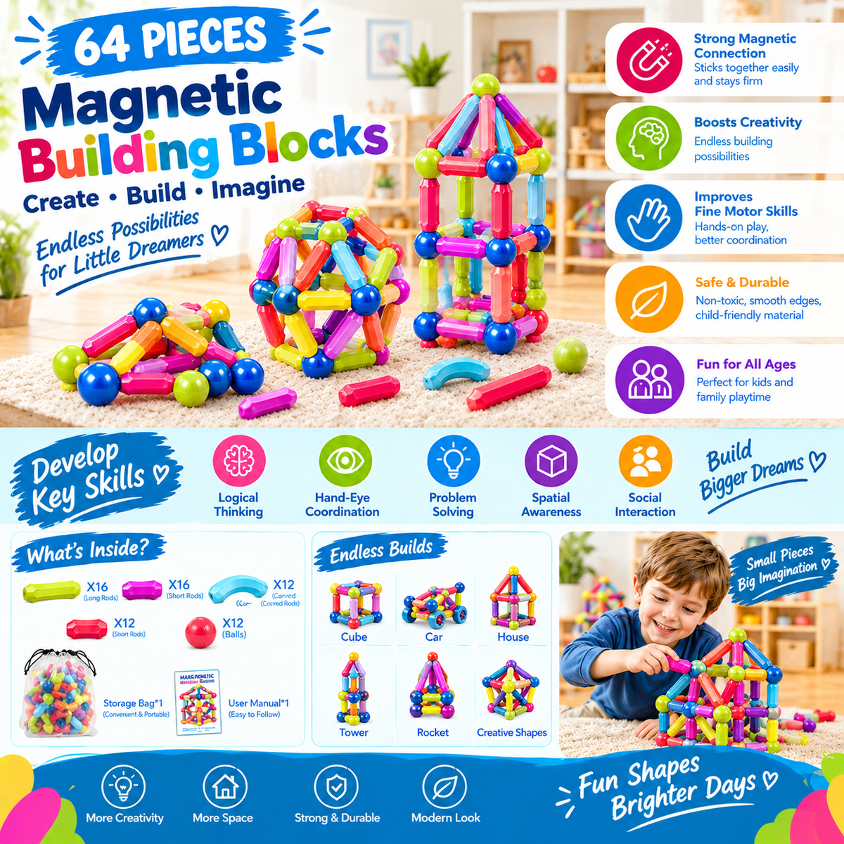 Magnetic Bar Blocks (64pcs)