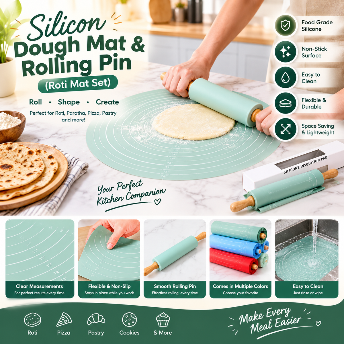 Non Stick Silicon Dough Mat Rolling Pin Roti Mat Set by TradePro Solutions.