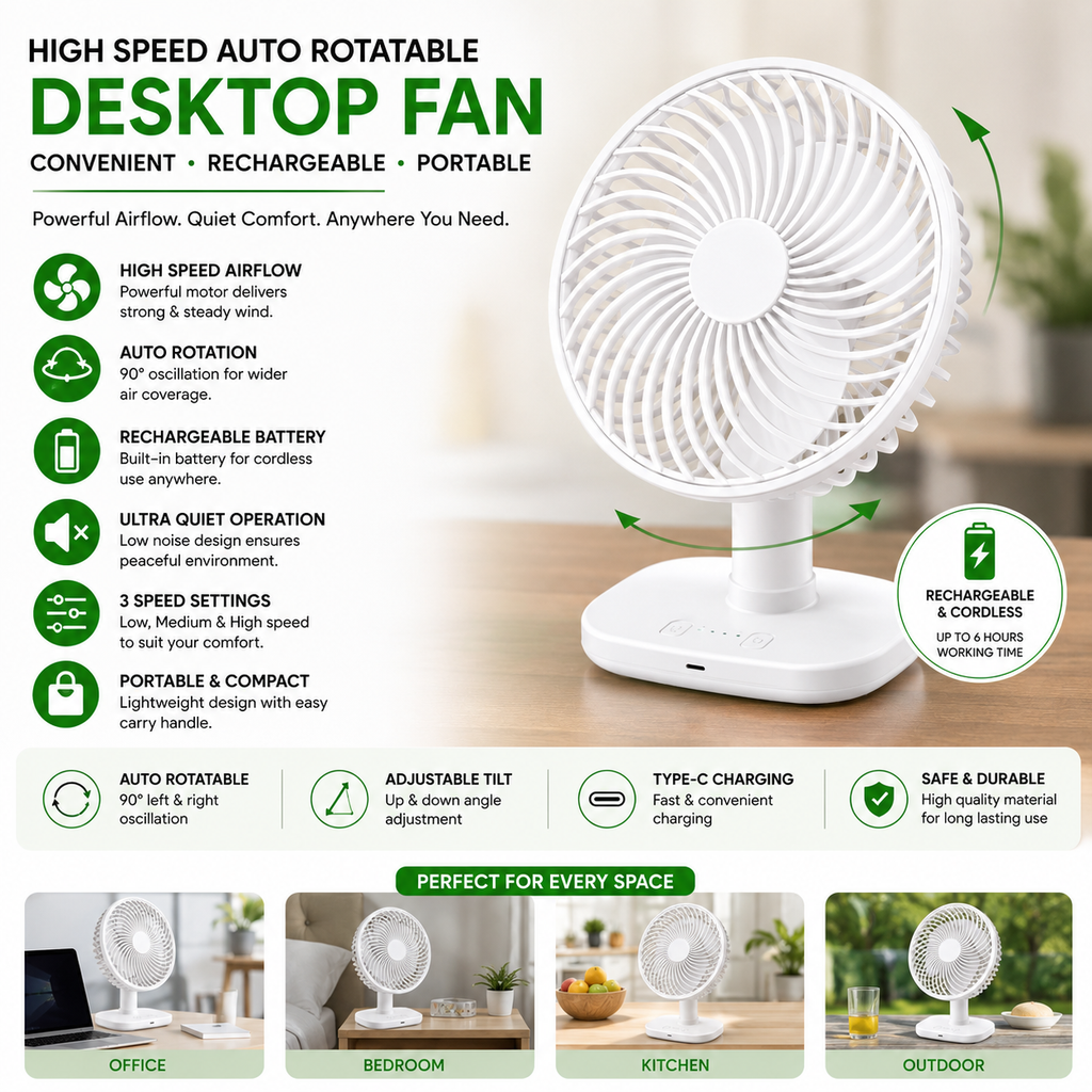 Rechargeable Auto Rotating Desktop Fan by TradePro Solutions.