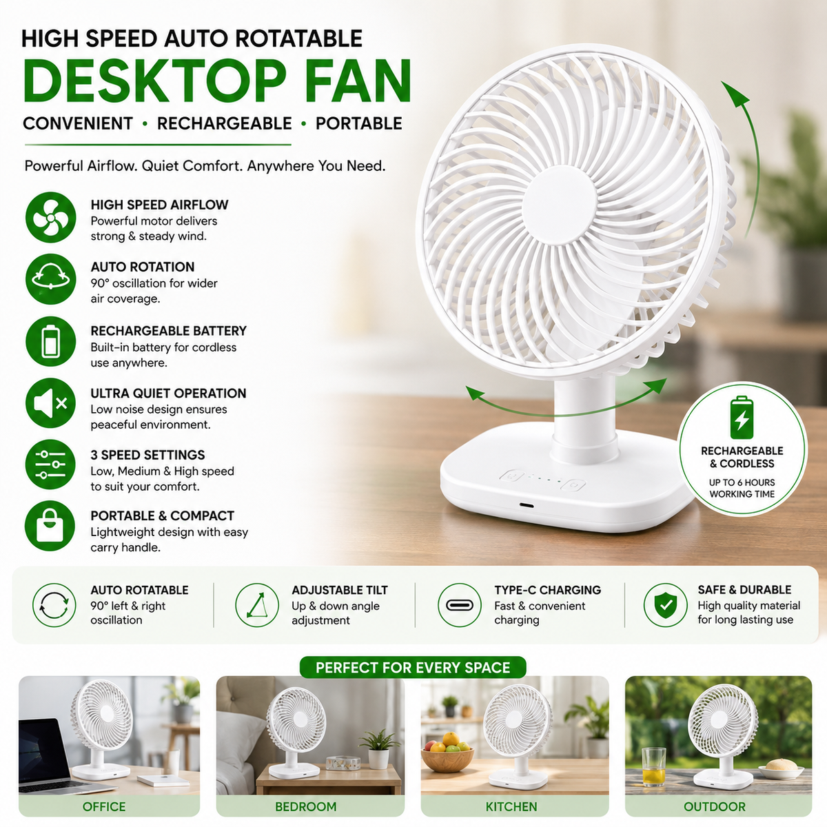 Rechargeable Auto Rotating Desktop Fan by TradePro Solutions.