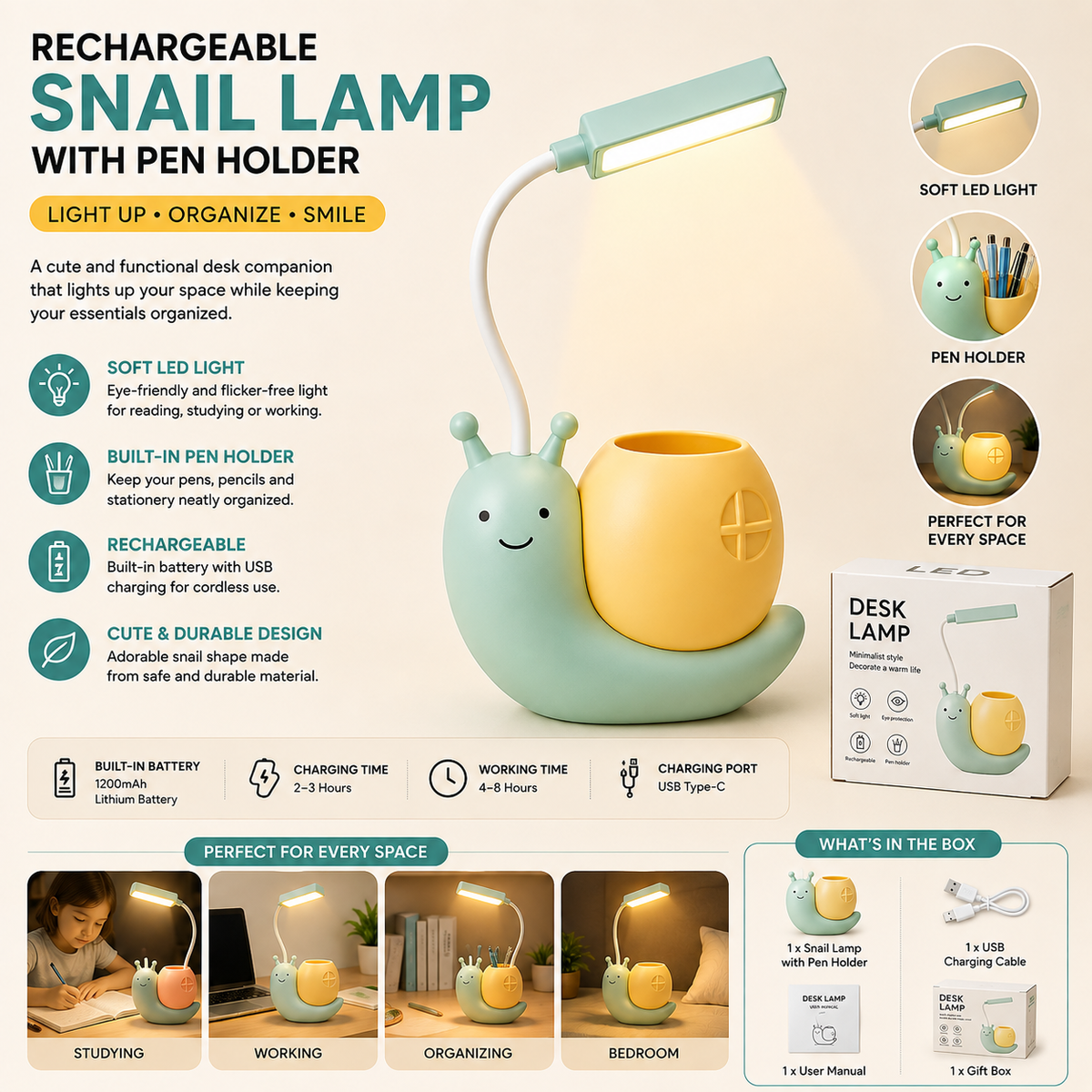 Rechargeable Snail Lamp with Pen Holder by TradePro Solutions.