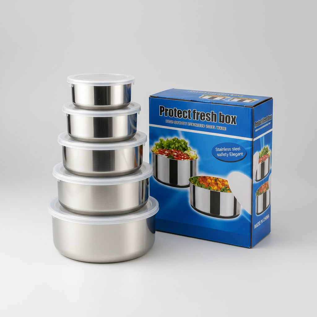 Five-piece stainless steel fresh bowl set by TradePro Solutions.