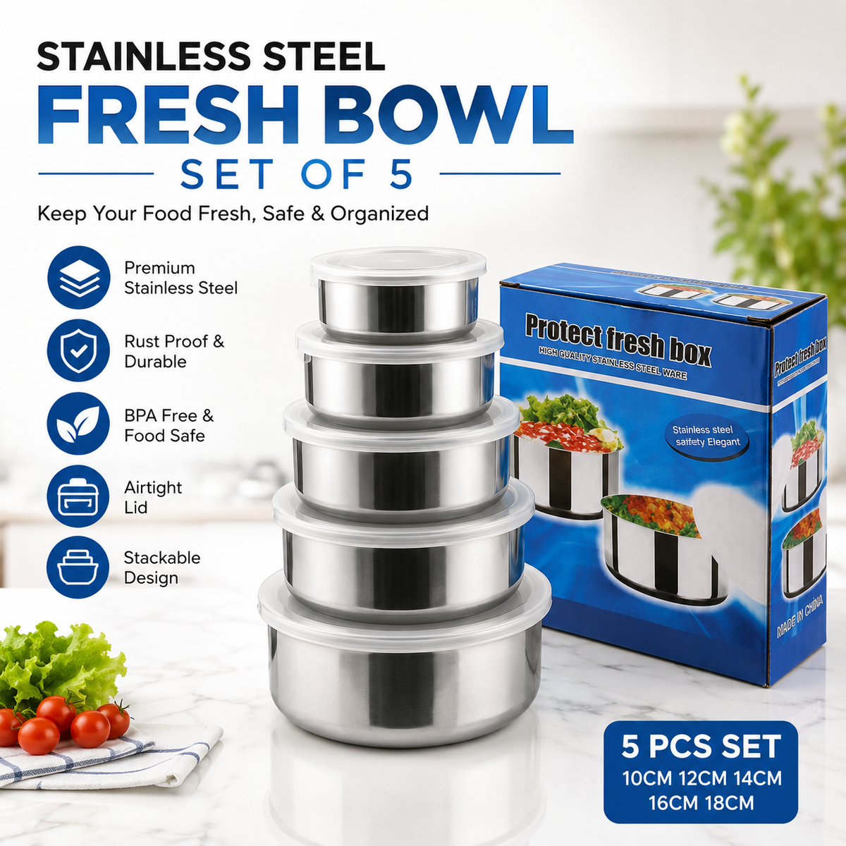 Five-piece stainless steel fresh bowl set by TradePro Solutions.