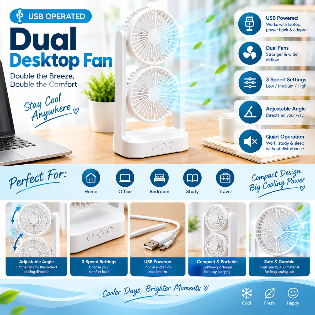 USB Operated Dual Desktop Fan by TradePro Solutions.