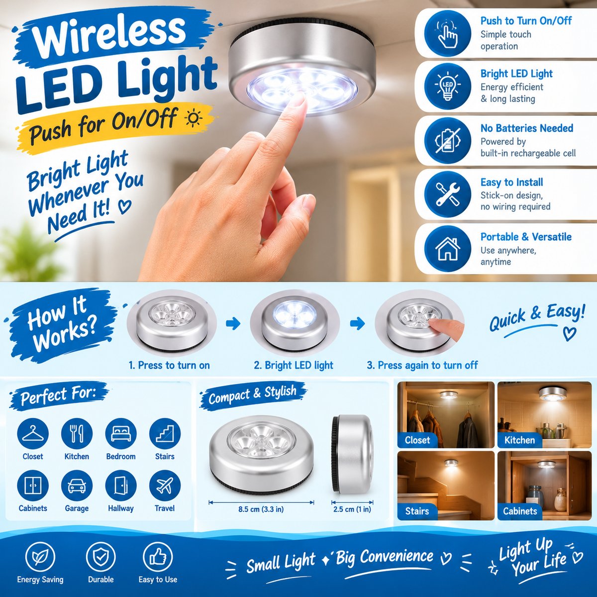 Wireless LED Light Push for On Off by TradePro Solutions.