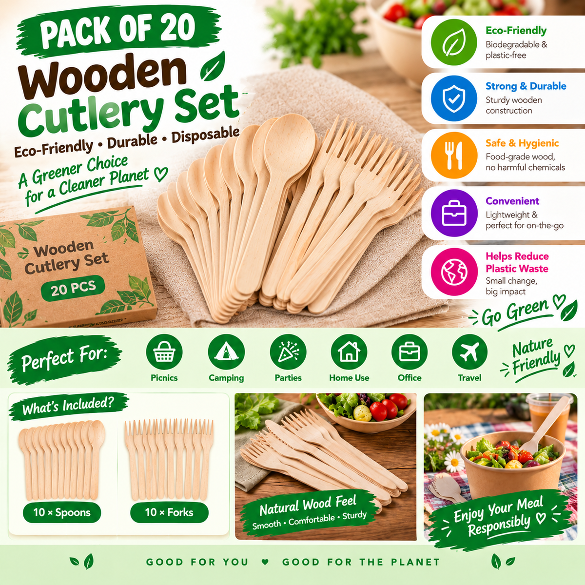 Wooden Cutlery Set 20pcs by TradePro Solutions.