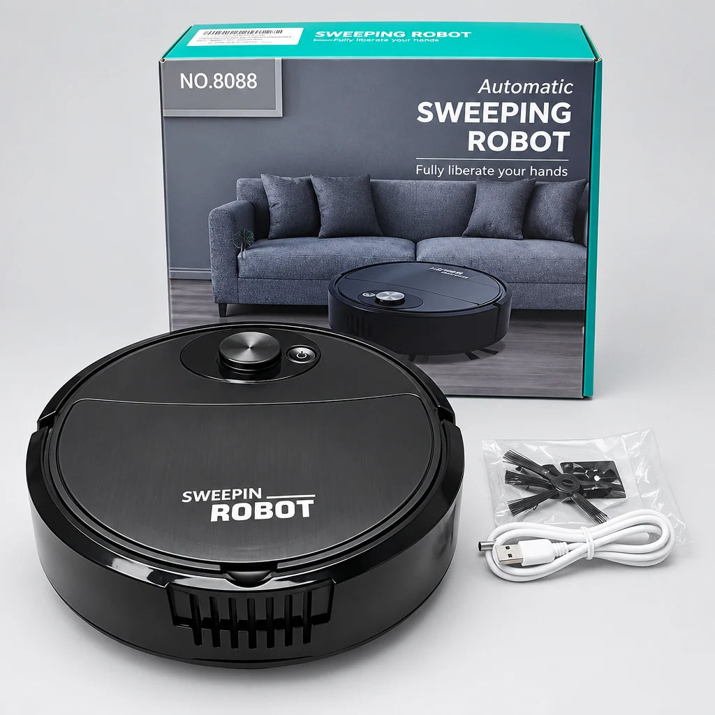 Black Automatic Sweeping Robot Vacuum Cleaner No. 8088 with charging cable, side brush and product packaging.