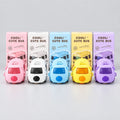 Cute bus shaped water bottles for kids in pink, white, blue, yellow and purple with matching packaging