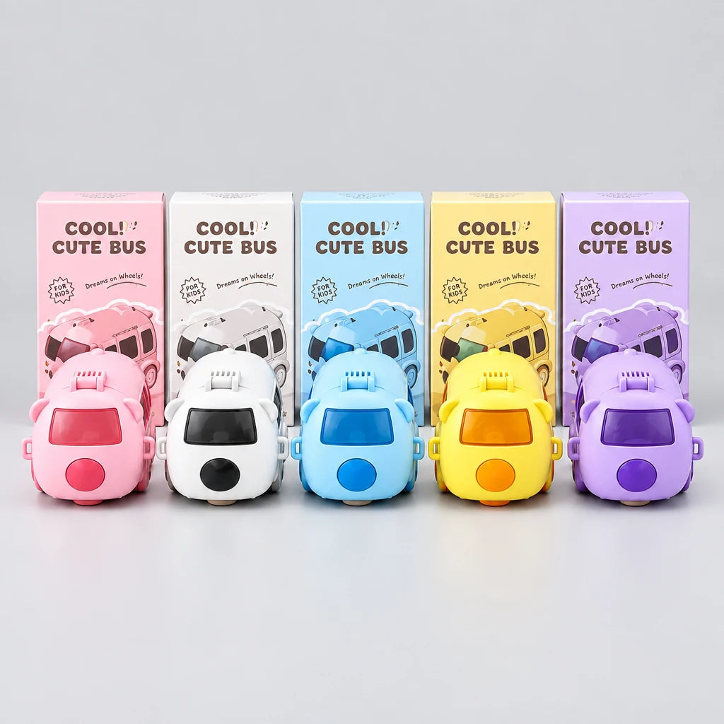 Cute bus shaped water bottles for kids in pink, white, blue, yellow and purple with matching packaging