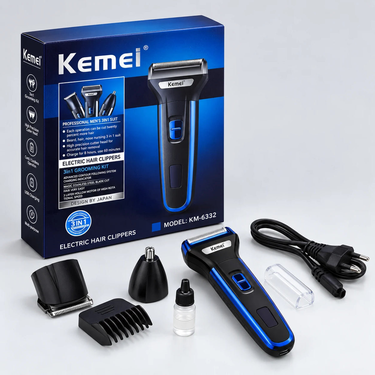 Kemei KM-6332 3-in-1 rechargeable grooming kit with electric shaver, nose trimmer, comb attachment and charging cable