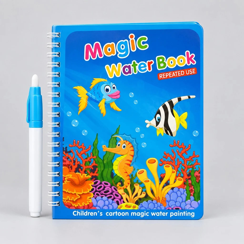 Magic Water Painting Book for kids with reusable colouring pages and refillable water pen