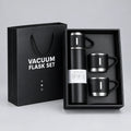 Premium vacuum flask gift set with 2 matching cups in elegant black gift box packaging