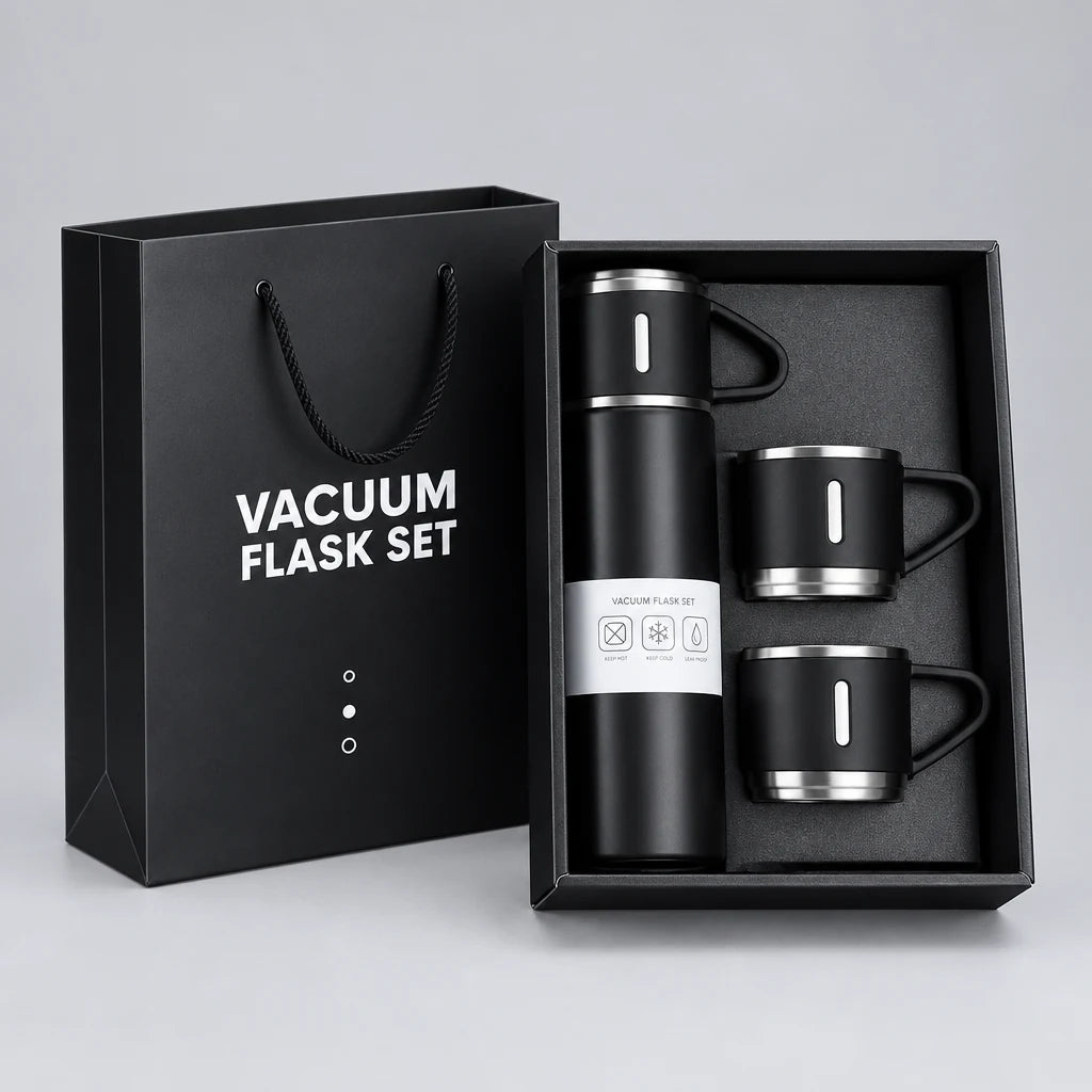 Premium vacuum flask gift set with 2 matching cups in elegant black gift box packaging