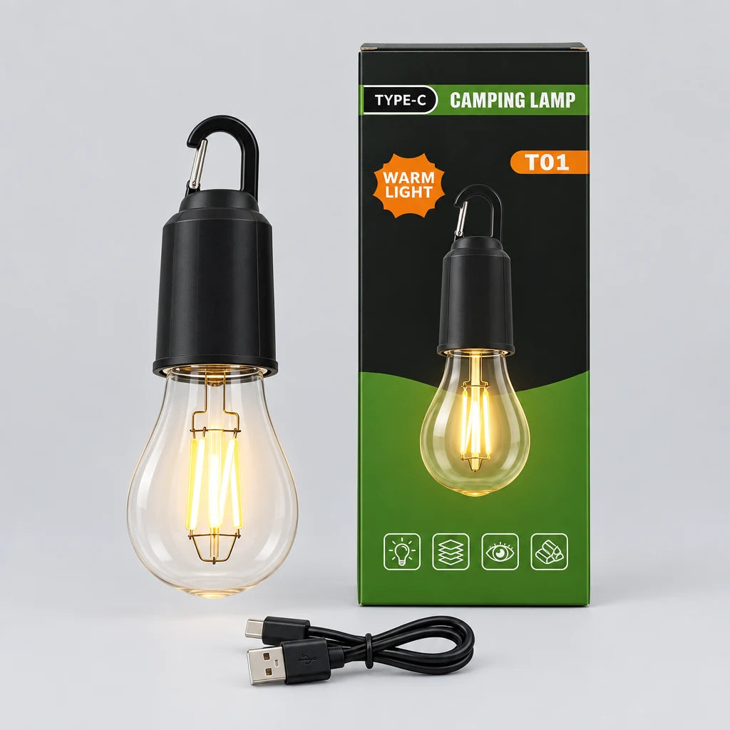 Rechargeable LED bulb camping lamp with Type-C charging cable, hanging hook and warm light