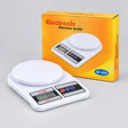 SF-400 digital kitchen scale in retail packaging with LCD display and weighing platform