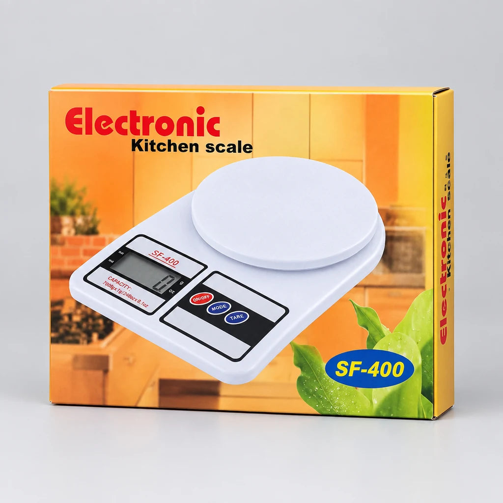 SF-400 digital kitchen scale in retail packaging with LCD display and weighing platform