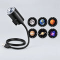 Black USB Starry Planet Projector Light with flexible cable and interchangeable Moon, Earth, Mars, Jupiter, Saturn and nebula projection slides.
