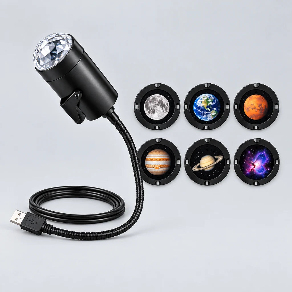 Black USB Starry Planet Projector Light with flexible cable and interchangeable Moon, Earth, Mars, Jupiter, Saturn and nebula projection slides.