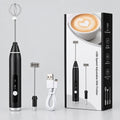 USB rechargeable coffee beater and milk frother with 2 interchangeable whisk attachments and charging cable