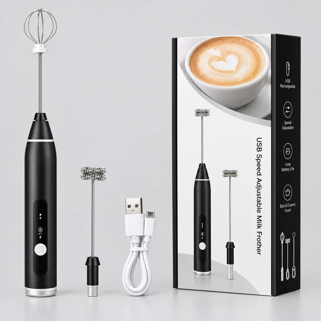 USB rechargeable coffee beater and milk frother with 2 interchangeable whisk attachments and charging cable