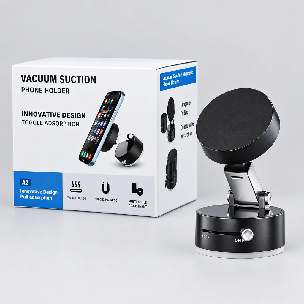 Vacuum suction magnetic phone holder with adjustable folding mount and strong magnetic attachment.